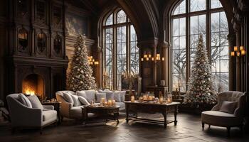 ai genererad mysigt levande rum med upplyst jul träd genererad förbi ai foto