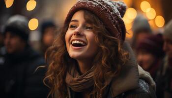 ai genererad leende ung kvinnor njuter vinter- natt utomhus genererad förbi ai foto