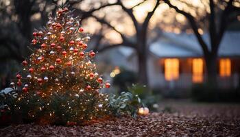 ai genererad jul träd upplyst med lysande jul lampor genererad förbi ai foto