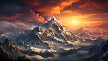 ai genererad majestätisk berg topp, solnedgång himmel, snö täckt landskap genererad förbi ai foto