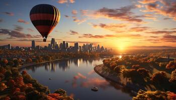 ai genererad varm luft ballong flygande över stadsbild på solnedgång genererad förbi ai foto