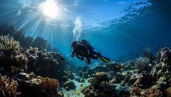 ai genererad under vattnet äventyr män dykning in i blå tropisk rev genererad förbi ai foto