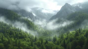 ai genererad filmiska grön skog och berg landskap, omslaget i tät dimma och dimma, skapande en volumetriska atmosfärisk scen foto