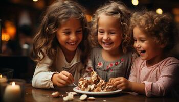 ai genererad tre söt flickor leende, njuter en glad inomhus- firande tillsammans genererad förbi ai foto