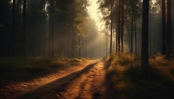 ai genererad mystisk höst skog, dimmig väg, solljus avslöjar natur lugn skönhet genererad förbi ai foto