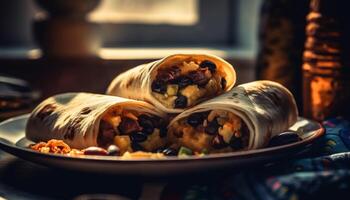 ai genererad färsk hemlagad taco på trä- tallrik, redo till äta genererad förbi ai foto