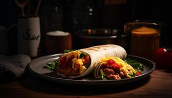 ai genererad grillad nötkött taco på trä- tabell, färsk och kryddad måltid genererad förbi ai foto