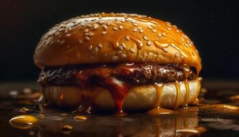 ai genererad grillad nötkött burger på trä- tabell, färsk och ohälsosam måltid genererad förbi ai foto
