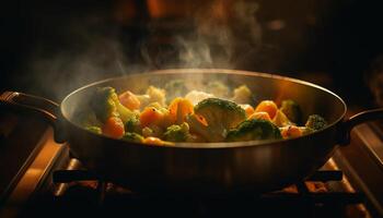 ai genererad färsk grönsaker matlagning på en spis, skapande en friska, smakrik måltid genererad förbi ai foto