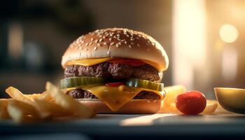 ai genererad gourmet burger med ost, tomat, och grillad kött på bulle genererad förbi ai foto