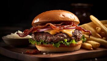 ai genererad grillad nötkött burger med ost, pommes frites, och färsk tomat genererad förbi ai foto