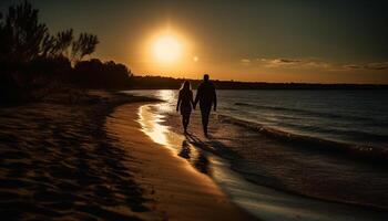 ai genererad två människor gående på de strand, njuter de solnedgång tillsammans genererad förbi ai foto