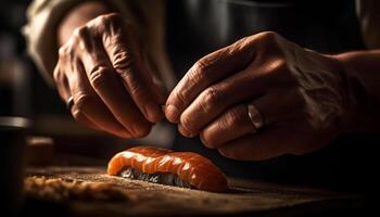ai genererad en kock hand förbereder färsk skaldjur för en gourmet måltid genererad förbi ai foto