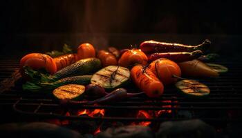 ai genererad grillad kött på en utegrill, natur flamma matlagning utomhus genererad förbi ai foto