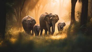 ai genererad elefant familj promenader genom de afrikansk savann på solnedgång genererad förbi ai foto