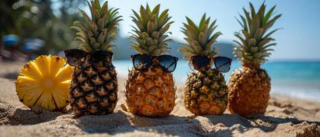 ai genererad en knäppa av ananas bär solglasögon på en solig strand foto