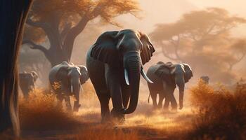 ai genererad elefanter ströva omkring fritt i de afrikansk savann, en lugn scen genererad förbi ai foto