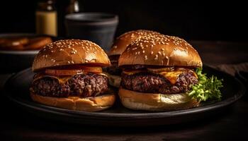 ai genererad grillad gourmet burger på en rustik trä- tabell, amerikan kultur genererad förbi ai foto