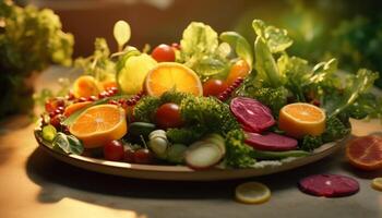 ai genererad friskhet och mängd på en tallrik av friska vegetarian sallad genererad förbi ai foto