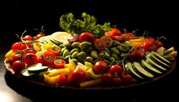 ai genererad färsk, friska vegetarian sallad med mång färgad grönsaker på svart bakgrund genererad förbi ai foto