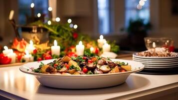 ai genererad vinter- Semester måltid för middag firande meny, huvud kurs festlig maträtt för jul, familj händelse, ny år och högtider, engelsk Land mat recept foto