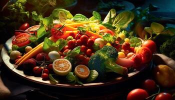 ai genererad färsk, friska vegetarian sallad med en mängd av färgrik grönsaker genererad förbi ai foto