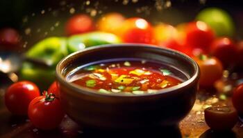 ai genererad färsk tomat soppa, en friska gourmet lunch på trä- tabell genererad förbi ai foto