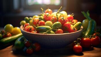 ai genererad färsk, organisk tomat sallad på trä- tabell, en friska vegetarian måltid genererad förbi ai foto