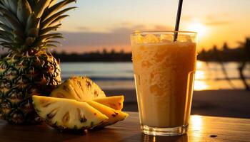 ai genererad uppfriskande ananas cocktail på en trä- tabell på solnedgång förbi de strand genererad förbi ai foto