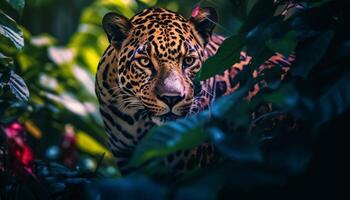 ai genererad majestätisk tiger i de vild, stirrande med intensiv gul ögon genererad förbi ai foto