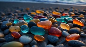 ai genererad skön strand färgad stenar i de strand sida med vågor på de natt, fosfor stenar, färgad strand stenar bakgrund foto