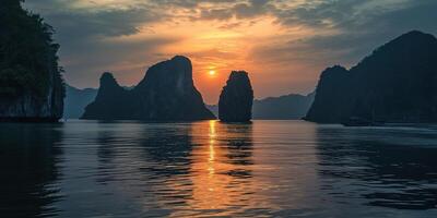 ai genererad ha lång bukt, halong bukt värld arv webbplats, kalksten öar, smaragd- vattnen med båtar i provins, vietnam. solnedgång, resa destination, naturlig undra landskap bakgrund tapet foto