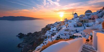 ai genererad santorini thira ö i sydlig aegean hav, grekland solnedgång. fira och oia stad med vit hus utsikt klippor, stränder, och små öar panorama bakgrund tapet foto