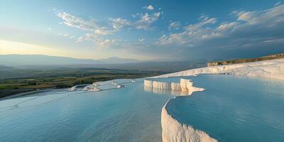 ai genererad mineral rik bebis blå termisk vattnen i vit travertin terrasser på en sluttning i pamukkale, Kalkon. utomhus spa i natur, resa destination, avslappning och stillhet landskap foto