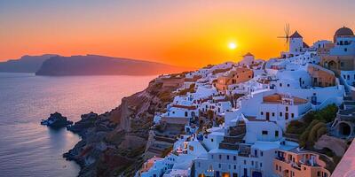 ai genererad santorini thira ö i sydlig aegean hav, grekland solnedgång. fira och oia stad med vit hus utsikt klippor, stränder, och små öar panorama bakgrund tapet foto