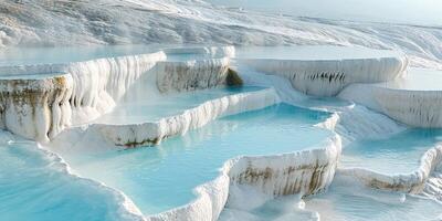 ai genererad mineral rik bebis blå termisk vattnen i vit travertin terrasser på en sluttning i pamukkale, Kalkon. utomhus spa i natur, resa destination, avslappning och stillhet landskap foto