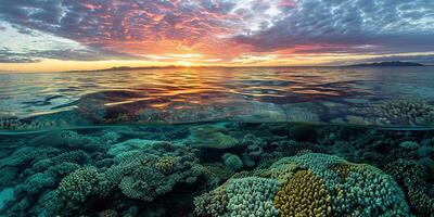 ai genererad bra barriär rev på de kust av queensland, Australien havsbild. korall marin ekosystem under vattnet dela se, gyllene timme solnedgång kväll himmel tapet bakgrund foto