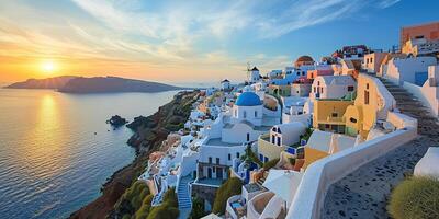 ai genererad santorini thira ö i sydlig aegean hav, grekland solnedgång. fira och oia stad med vit hus utsikt klippor, stränder, och små öar panorama bakgrund tapet foto