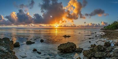 ai genererad bra barriär rev på de kust av queensland, Australien klippig strand havsbild. stenar och småsten, lila och orange gyllene timme solnedgång kväll himmel horisont hav tapet bakgrund foto