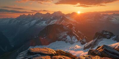 ai genererad swiss alps snöig berg räckvidd med dalar och ängar, landsbygden i schweiz landskap. gyllene timme majestätisk eldig solnedgång himmel, resa destination tapet bakgrund foto