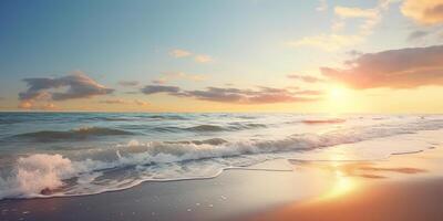 ai genererad baltic hav vågor med skum kraschar på de strand på solnedgång. lila, orange, gul och blå nyanser, solstrålar, romantisk kväll, marinmålning landskap bakgrund tapet foto