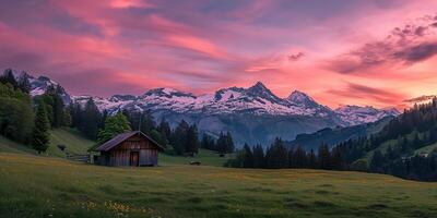 ai genererad swiss alps snöig berg räckvidd med dalar och ängar, landsbygden i schweiz landskap. gyllene timme majestätisk eldig solnedgång himmel, resa destination tapet bakgrund foto