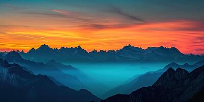 ai genererad swiss alps snöig berg räckvidd med dalar och ängar, landsbygden i schweiz landskap. gyllene timme majestätisk eldig solnedgång himmel, resa destination tapet bakgrund foto