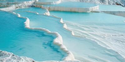 ai genererad mineral rik bebis blå termisk vattnen i vit travertin terrasser på en sluttning i pamukkale, Kalkon. utomhus spa i natur, resa destination, avslappning och stillhet landskap foto