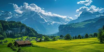 ai genererad swiss alps berg räckvidd med frodig skog dalar och ängar, landsbygden i schweiz landskap. lugn idyllisk panorama, majestätisk natur, avslappning, stillhet begrepp foto