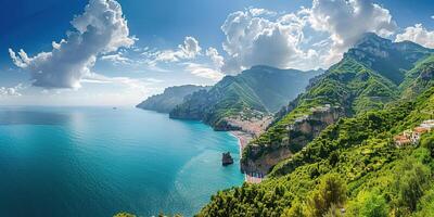 ai genererad amalfi kust kustlinje i sorrentin halvö, campania område, Italien. Semester destination strandlinje med kullar, stränder, och klippor, hav se, blå himmel dag tapet bakgrund foto