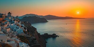 ai genererad santorini thira ö i sydlig aegean hav, grekland solnedgång. fira och oia stad med vit hus utsikt klippor, stränder, och små öar panorama bakgrund tapet foto