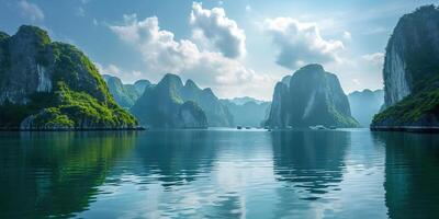 ai genererad ha lång bukt, halong bukt värld arv webbplats, kalksten öar, smaragd- vattnen med båtar i provins, vietnam. resa destination, naturlig undra landskap bakgrund tapet foto