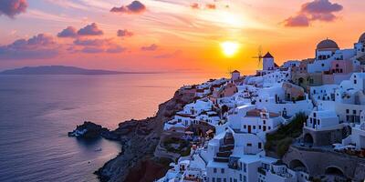 ai genererad santorini thira ö i sydlig aegean hav, grekland solnedgång. fira och oia stad med vit hus utsikt klippor, stränder, och små öar panorama bakgrund tapet foto