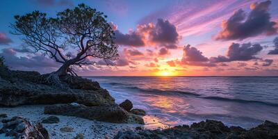 ai genererad en silhuett av en träd på ett ö strand solnedgång landskap. gyllene timme kväll himmel i de horisont. mindfulness, meditation, stillhet, lugn, avslappning begrepp bakgrund foto